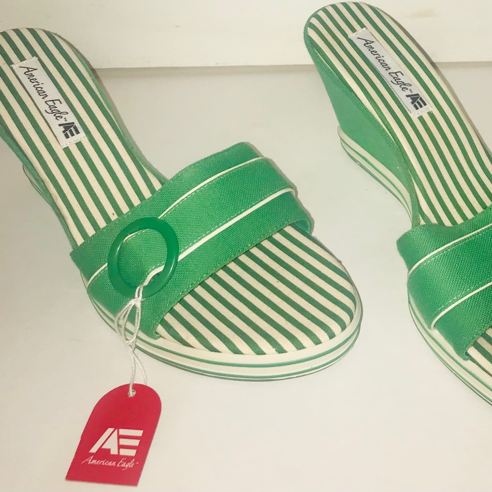 NWT American Eagle Green & White Striped Platform Sandals Wedges Y2K/90s Size 10